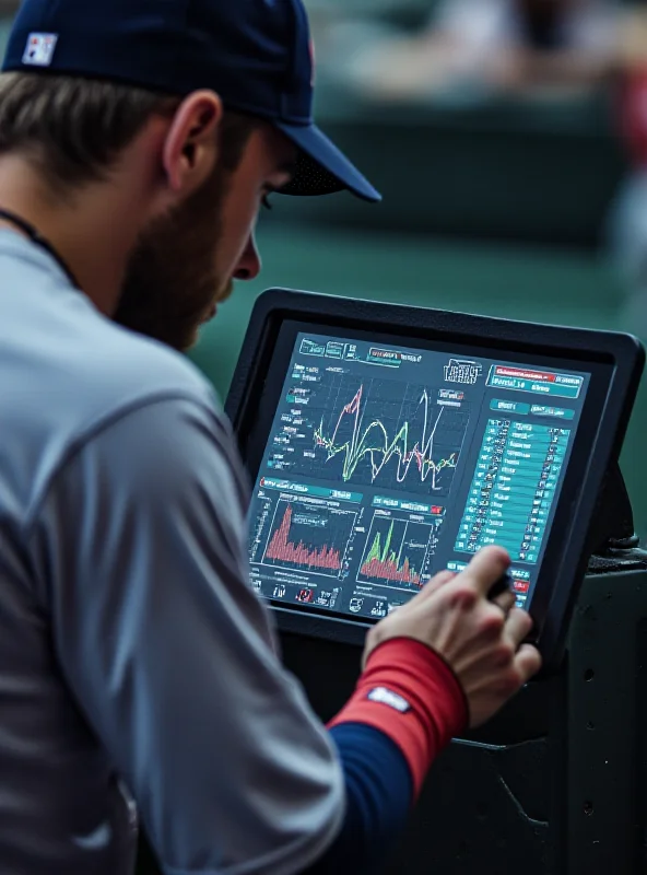 A baseball player analyzing data on a tablet.