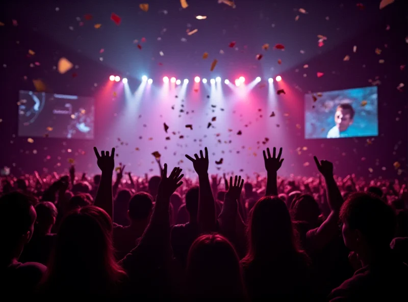 Crowd cheering at a music awards show, with stage lights and excitement in the air.