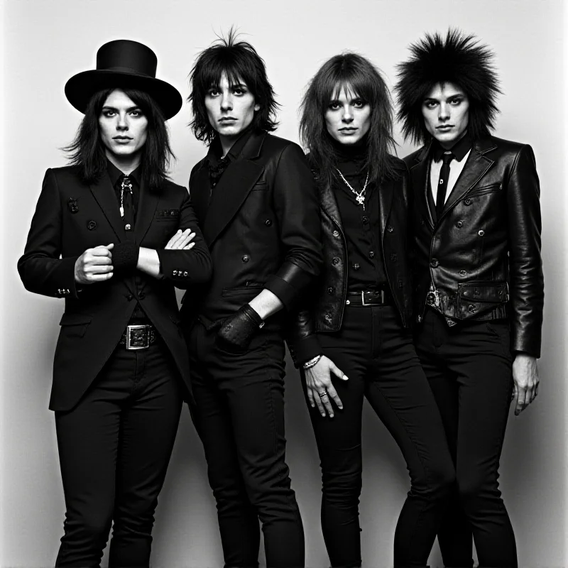 A black and white photo of the New York Dolls posing together