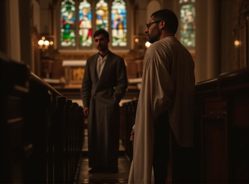 A person dressed in a priest's robe, kneeling to hear a confession in a church setting.