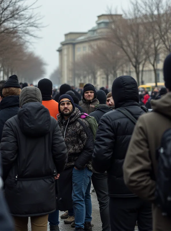 Une file d'attente de migrants devant un bâtiment officiel, avec des policiers en arrière-plan.