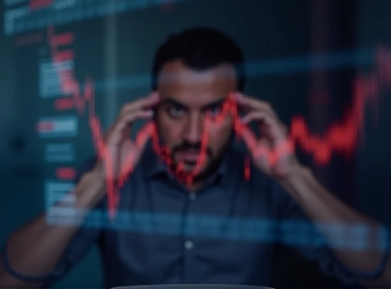 A downward trending stock market graph displayed on a computer screen, with a worried-looking investor blurred in the background.