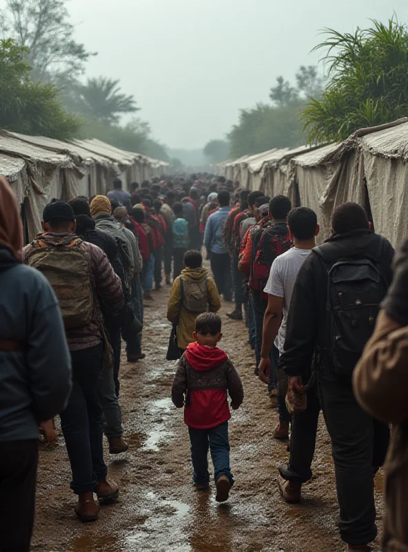 A photo of a crowded migrant camp in Panama or Costa Rica, showing makeshift shelters and people waiting in line for food or assistance. The atmosphere is tense and uncertain.