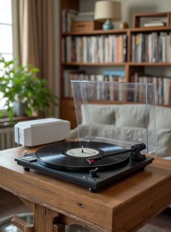 A Victrola Stream Carbon turntable playing a vinyl record, connected wirelessly to a Sonos speaker. The scene is a well-lit living room with modern decor.