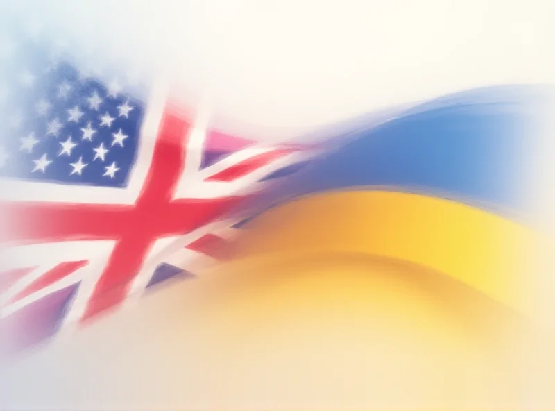 A digital illustration of the flags of the United States, United Kingdom, and Ukraine intertwined, symbolizing diplomatic relations.