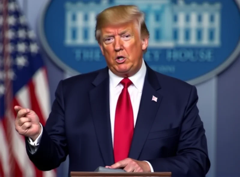 Donald Trump speaking at a podium in the White House, with a serious expression.