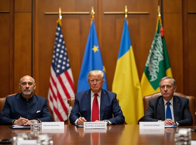 Image of a meeting taking place in Saudi Arabia with flags of the US, Ukraine, and Saudi Arabia visible